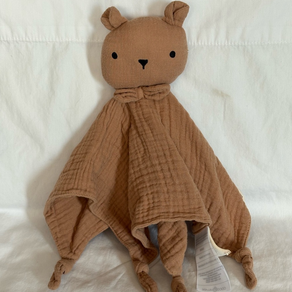 Coco Village knotted lovey security blanket bear tan cotton blend 11”